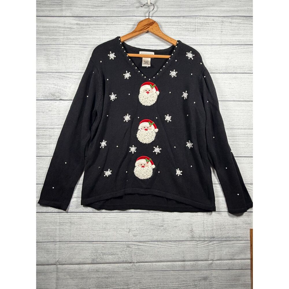 Vintage Mandal Bay XL Black Santa Snowflake Pearl Christmas Sweater 4282